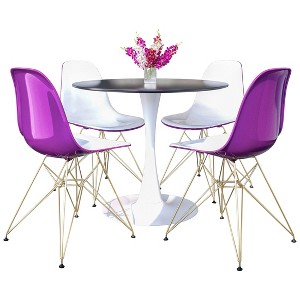 LeisureMod 5-Piece Dining Set with 35" Round Dining Table in White Iron Pedestal Base and 4 ABS Plastic Side Chair with Gold Base - 1 of 4