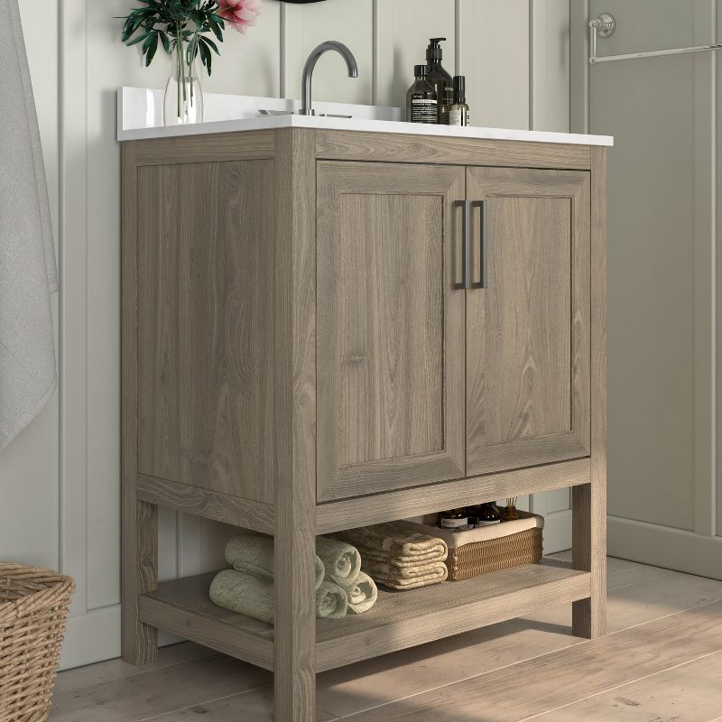 Emma and Oliver Bathroom Vanity, Single Sink Cabinet with 2 Soft Close Doors and Open Shelf, Carrara Marble Finish Countertop, 5 of 13