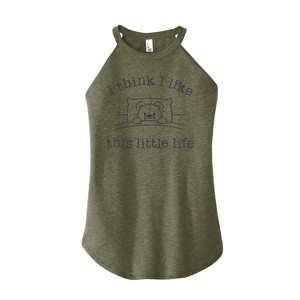 Women's - Instant Message - I Think I Like This Little Life Bear In Bed Graphic High Neck Tank - 1 of 4