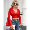 Coolmee Women's Deep V Neck Long Bell Sleeve Tie Front Knot Sexy Wrap Crop Top Blouse Shirt - 3 of 4