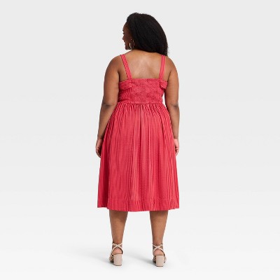 Women Plus Wide Strap Sleeveless Scoop Tie-Front Midi A-Line Dress – Ava