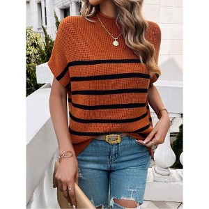 Women's Color Block Short Sleeve Sweater - Stylish Casual Knit Pullover Top with Contrast Trim - 1 of 4