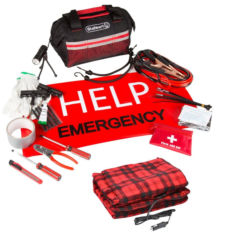 55-Piece Car Emergency Kit with Carrying Case, Jumper Cables, Tools, and More – Comes with 12V Heated Blanket for Truck, SUV, or RV by Stalwart (Red), 5 of 6