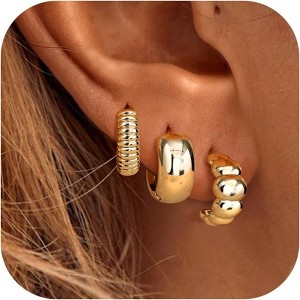 Florideco 3-Pair Small Hoop Earrings | 14K Gold Plated Twisted Huggies, Open Chunky Stack - 1 of 4