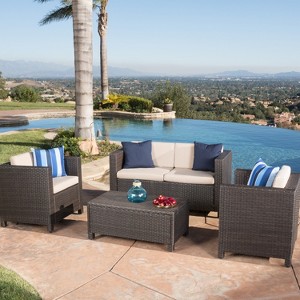 Christopher Knight Home Puerta Outdoor Wicker 4 Seater Chat Set with Cushions - 1 of 4