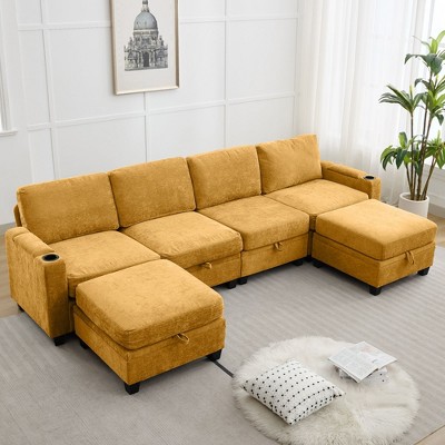 Hyleory 117.4" Modern Chenille Fabric Storage U-shaped Sectional Sofa,6 seater Couch with Double Ottomans for Living Room