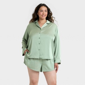 Women's Satin Notch Collar Long Sleeve Shirt and Shorts Pajama Set - Auden™ - 1 of 3
