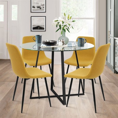 Hana + Bingo 5-piece Round Clear Glass Dining Table Set With 4 Yellow Upholstered Chairs Black ...