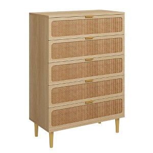 Rattan 5 Drawer Dresser for Bedroom, Chest of Drawers with Deep Drawers, Large Double Dresser for Closet with Wide Top, Tall Wooden Dresser - 1 of 4