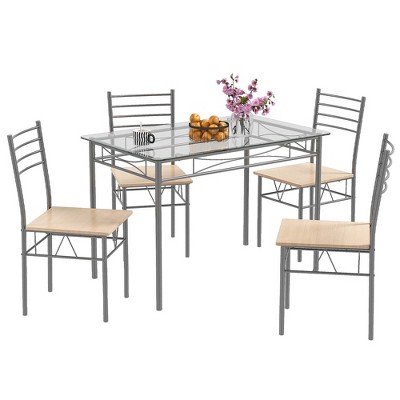 Costway 5 Piece Dining Set Table And 4 Chairs Glass Top Kitchen ...