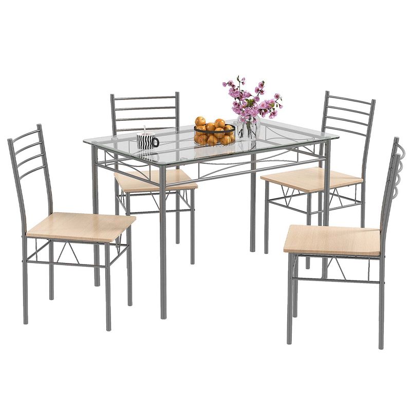 Costway 5 Piece Dining Set Table and 4 Chairs Glass Top Kitchen Breakfast Furniture Brown, 1 of 11
