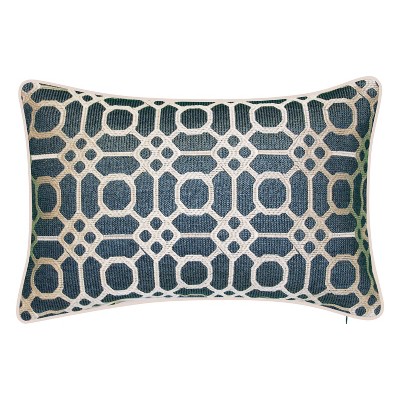 Edie@Home Indoor and Outdoor Light Blue Raffia Geometric Embroidery Lumbar 13 in. x 21 in. Decorative-Pillow