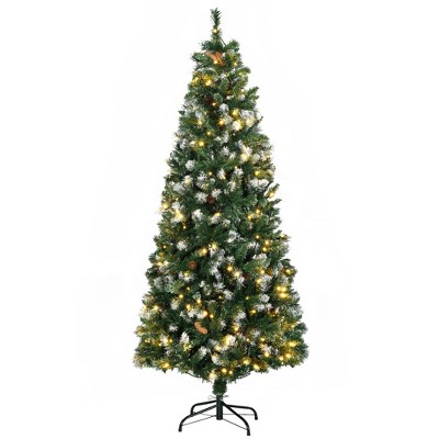 HOMCOM 6ft Skinny Prelit Artificial Christmas Tree Holiday Decoration with Snow-dipped Branches, Warm White LED Lights, Auto Open, Green