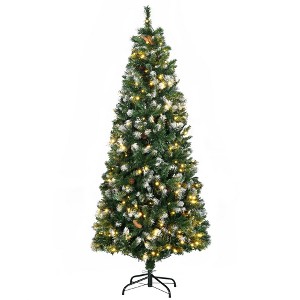 HOMCOM 6ft Skinny Prelit Artificial Christmas Tree Holiday Decoration with Snow-dipped Branches, Warm White LED Lights, Auto Open, Green - 1 of 4