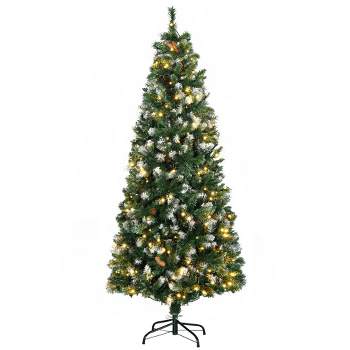 HOMCOM Skinny Prelit Artificial Christmas Tree Holiday Decoration with Snow-dipped Branches, Warm White LED Lights, Auto Open, Green