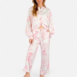 Anna-Kaci Lounge Women's Toile Print Button Up Pajama Set with Long Sleeve Top and Elastic Waist Drawstring Pants - 1 of 4