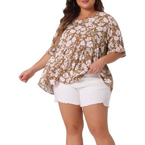 Agnes Orinda Women's Plus Size Floral Pleated V Neck Short Sleeve Tiered Babydoll Blouses - 1 of 4