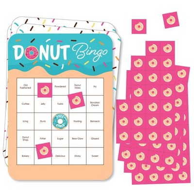 Big Dot of Happiness Donut Worry, Let's Party - Bingo Cards and Markers - Doughnut Party Bingo Game - Set of 18