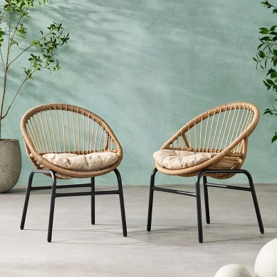 Set Of 2 Outdoor Dining Chairs With Cushions,Armless Chairs With Metal Frame,Polyethylene Rattan Woven Patio Kitchen Chairs-Coolbibila