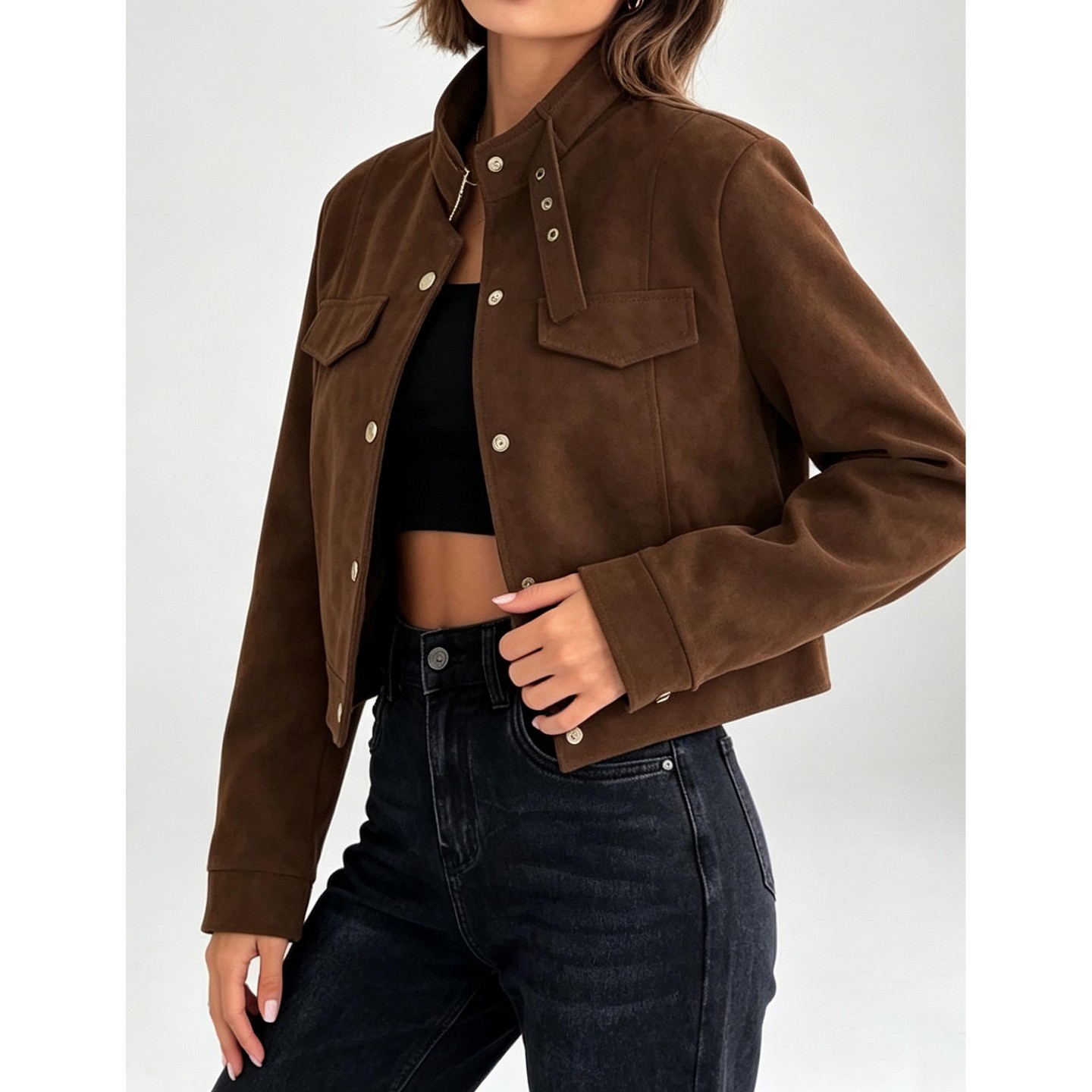 Женская куртка YesFashion Women Faux Suede Cropped Jacket Stand Collar Button Down Long Sleeve Casual Short Outerwear, Brown, цвет: Коричневый — фото 1