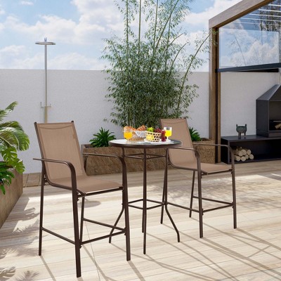 Brown Steel and Fabric Outdoor Patio Bar Set with Tempered Glass Table