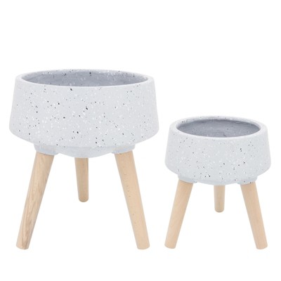 VisioGear 2PCS Round Planter with Wooden Legs, Plant Pots for Hall, Living Room, Grey, 15"*15"*10"
