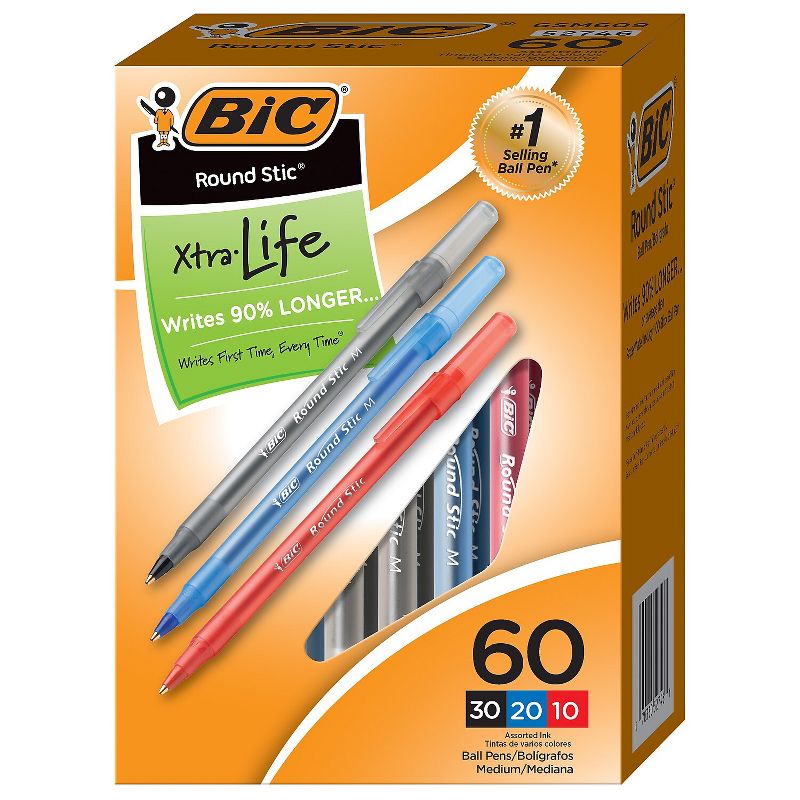 BIC Round Stic Xtra Life Ballpoint Pen Medium Point Assorted Colored Ink 60 Per Box 2 Boxes, 2 of 3