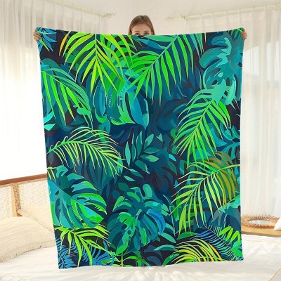 1pc Tropical Leaves Foliage Flannel Blanket - Soft Green Blue Jungle Design with Palm Fronds, Home Decor Lovers, Christmas Gifts.