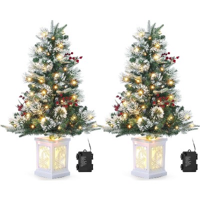 3ft Pre-Lit Holiday Trees with 78 LED Lights, Snowflakes and Red Berries, White