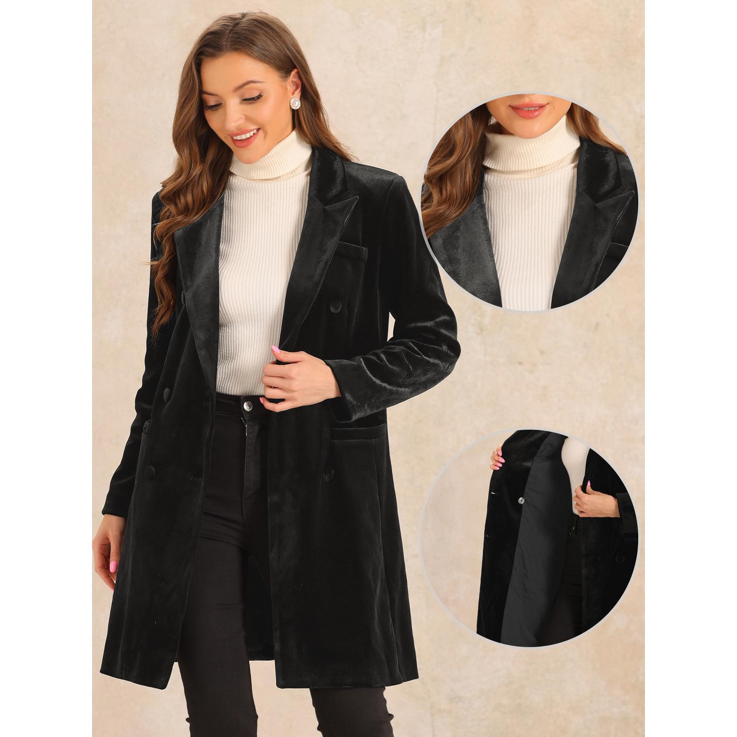 Женские куртки Allegra K Velvet Lapel Double Breasted Long Outerwear Winter Coats Medium Black, цвет: Чёрный — фото 2