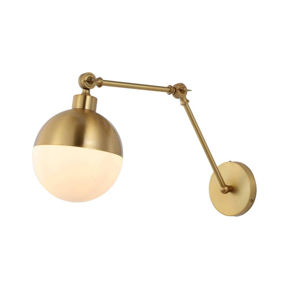 8" 1-Light Alba Mid-Century Modern Arm-Adjustable Iron/Glass LED Sconce Brass Gold/Frosted - JONATHAN Y: Wall Mounted, UL Listed