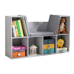Resenkos 6-Cubby Kids Bookcase with Reading Nook and Cushion, Multi-Purpose Storage Organizer for Bedroom, Living Room, Grey Gray - 1 of 4