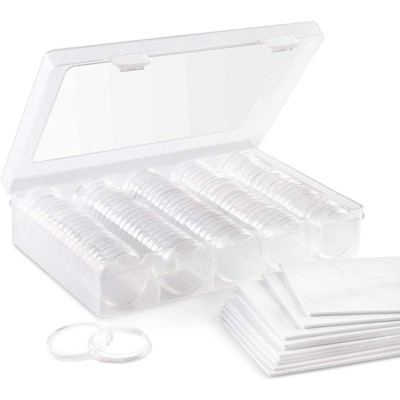 Juvale 100 Pieces Coin Collecting Starter Holders with Capsules and Storage Box (Clear)