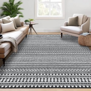 Washable Boho Geometric Rug for Living Room, Office, Bedroom, Low Pile Soft Non-Slip Floor Carpet Neutral - 1 of 4