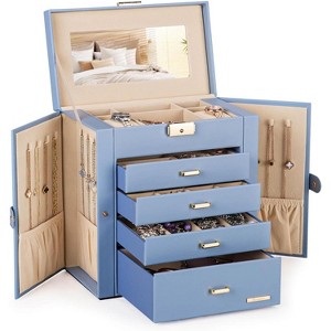 White & Gold Synthetic Leather Jewelry Box with Lock and Mirror, Huge Organizer for Watches, Necklaces, Rings, Earrings - 1 of 4