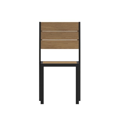 Natural Faux Teak and Gray Metal Armless Stacking Chair