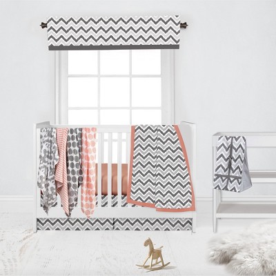 Bacati - Ikat Dots Stripes Coral Grey Girls 10 pc Crib Set with 2 Crib Fitted Sheets 4 Muslin Swaddling Blankets