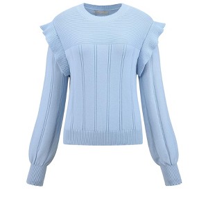 INSPIRE CHIC Women's Ruffle Long Sleeve Crew Neck Ribbed Knit Sweater Light Blue X-Large - 1 of 4