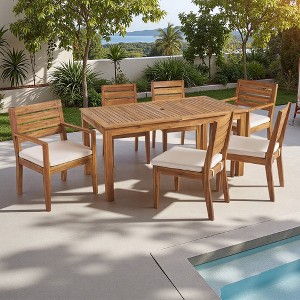 7-Piece Outdoor Acacia Wood Expandable Dining Set with Expandable Table and 6 Cushioned Chair, Umbrella Hole - 1 of 4