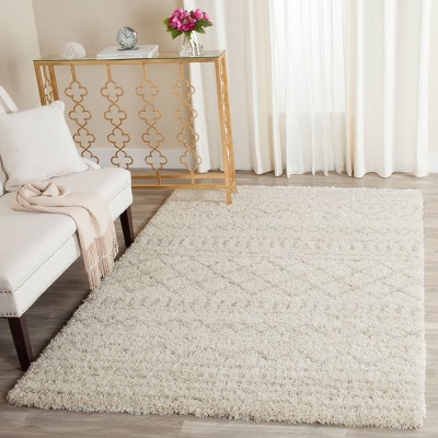 Ivory Beige Geometric Shag Area Rug 5'1" x 7'6"