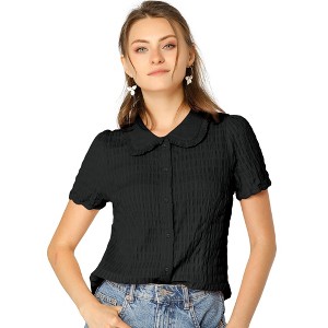 INSPIRE CHIC Women's Sweet Ruffle Trim Peter Pan Collar Button-Down Shirt - 1 of 4
