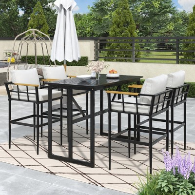 5-Piece Outdoor Dining Set, High Seat Dining Armrest Chair with Iron Table, Dining Chairs with Iron Frame and Foam Cushions-Coolbibila