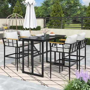 5-Piece Outdoor Dining Set, High Seat Dining Armrest Chair with Iron Table, Dining Chairs with Iron Frame and Foam Cushions-Coolbibila - 1 of 4