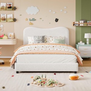 Boucle Upholstered Bed Frame with Soft Headboard, Low Profile Platform Bed with Rounded Corners & Wooden Slats - 1 of 4