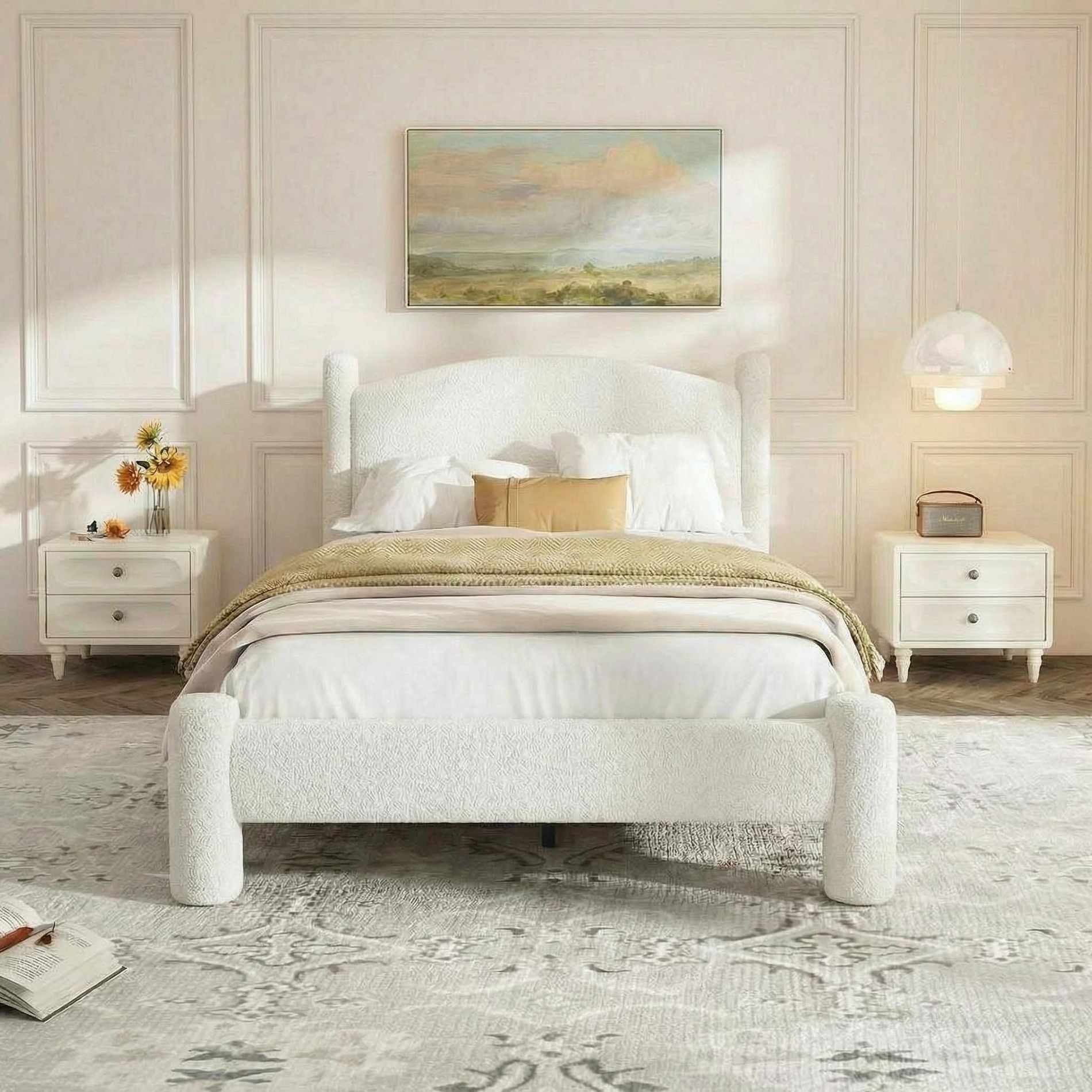 Boucle Bed Frame, Upholstered Platform Cloud Bed with Soft Round Headboard & Sturdy Legs, No Box Spring Needed, White Easy Assembly Mattress Bedframe