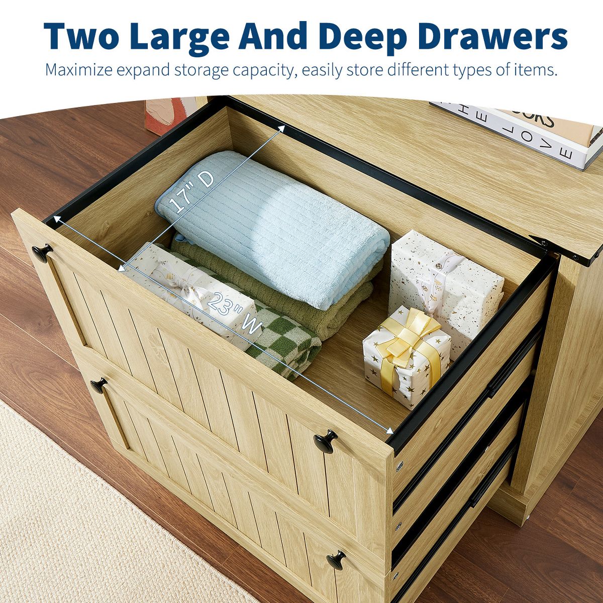 Wood filing cabinet with two deep drawers open for storage
