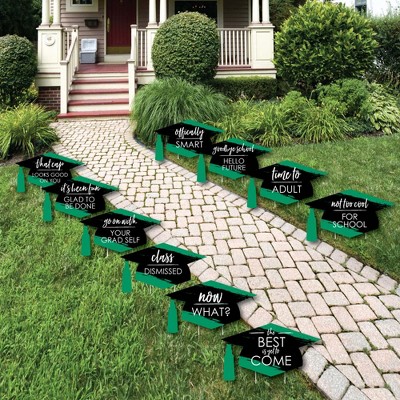 Big Dot of Happiness Green Grad - Best is Yet to Come - Grad Cap Lawn Decorations - Outdoor Green Graduation Party Yard Decorations - 10 Piece