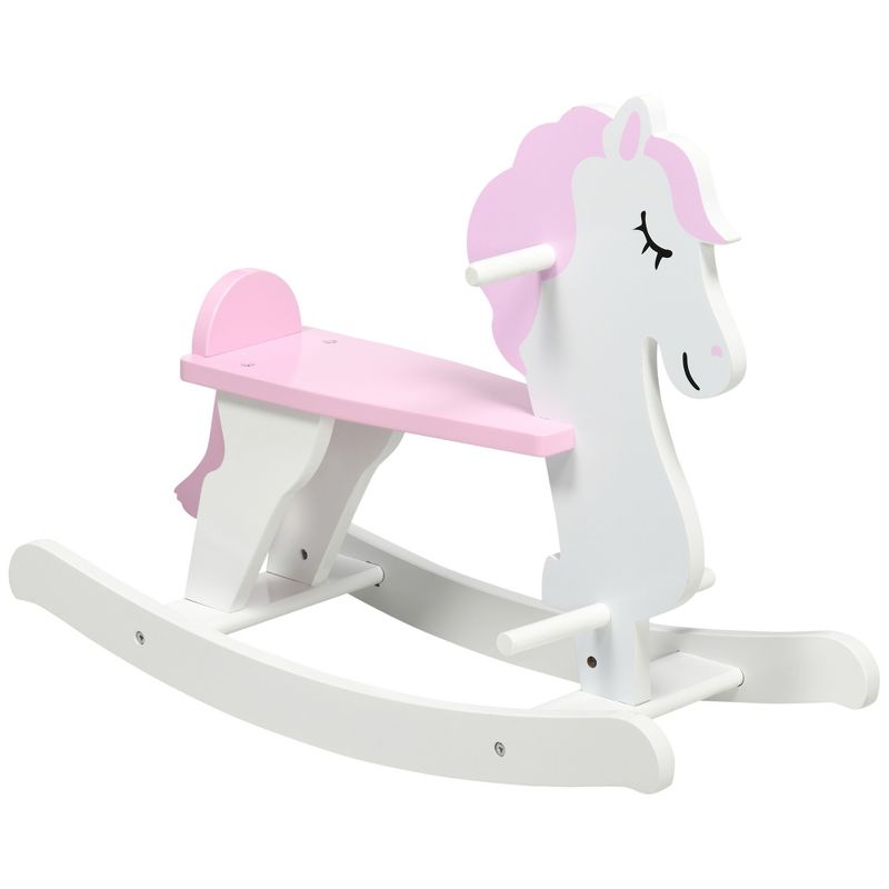 Qaba Little Wooden Rocking Horse Toy for Kids' Imaginative Play, Children's Small Baby Rocking Horse Ride-on Toy for Toddlers 1-3, Pink and White, 1 of 7
