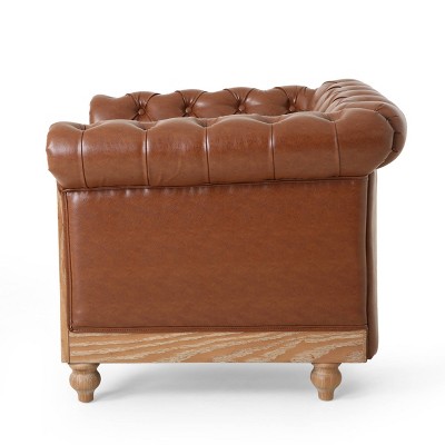 Cognac Brown Chesterfield Faux Leather Club Chair with Nailhead Trim