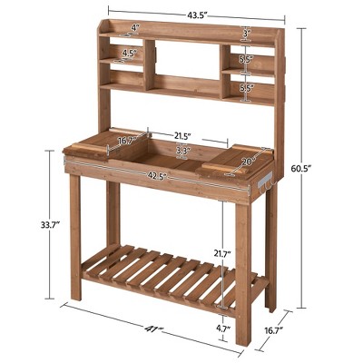 Brown Firwood Potting Bench Table with Display Rack and Storage Shelf